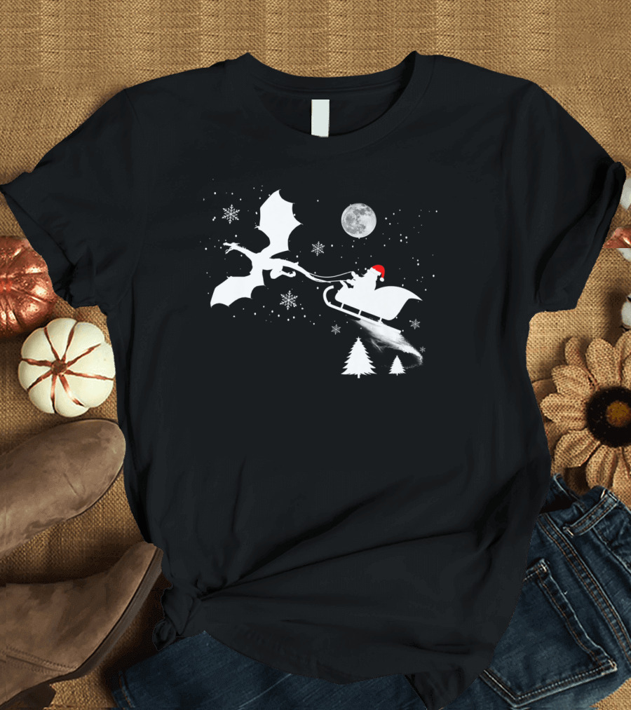 Santa Dragon Sleigh Ride Under the Moon and Snowflakes T-Shirt
