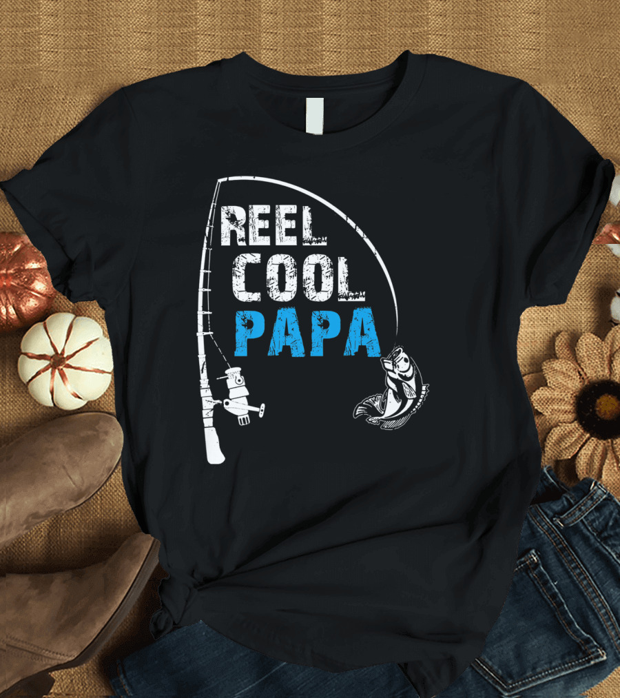 Mens Reel Cool Papa Fishing Grandpa Dad Father T-Shirt