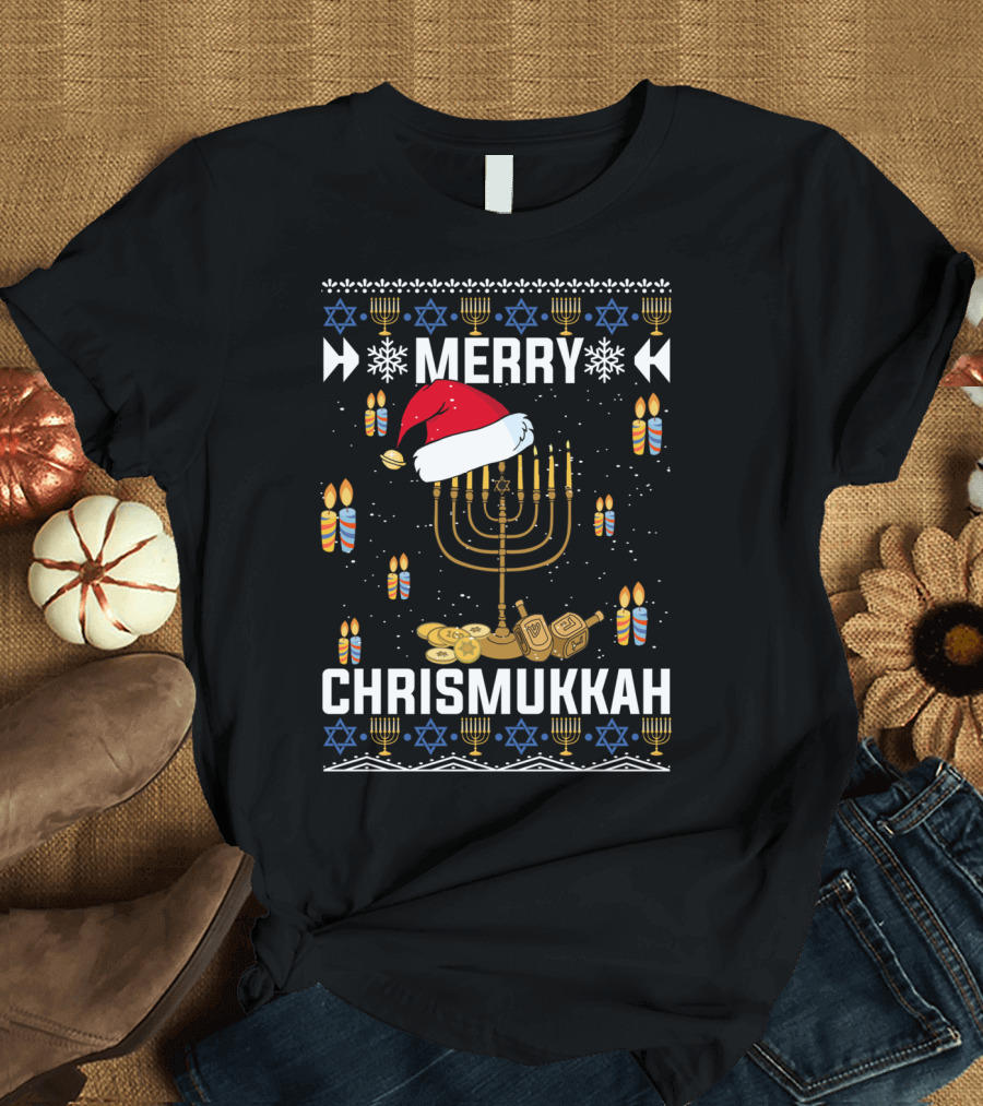 Merry Chrismukkah Menorah Santa Hat Dreidel Candles Snowflakes Stars Coins T-Shirt