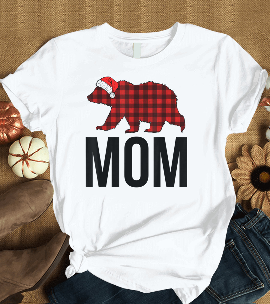 Red Plaid Mom Bear Santa Hat Buffalo Family Matching T-Shirt