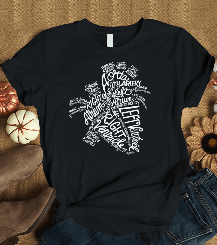 Anatomical Heart Word Cloud Aorta Atrium Ventricles Artery Veins Text T-Shirt