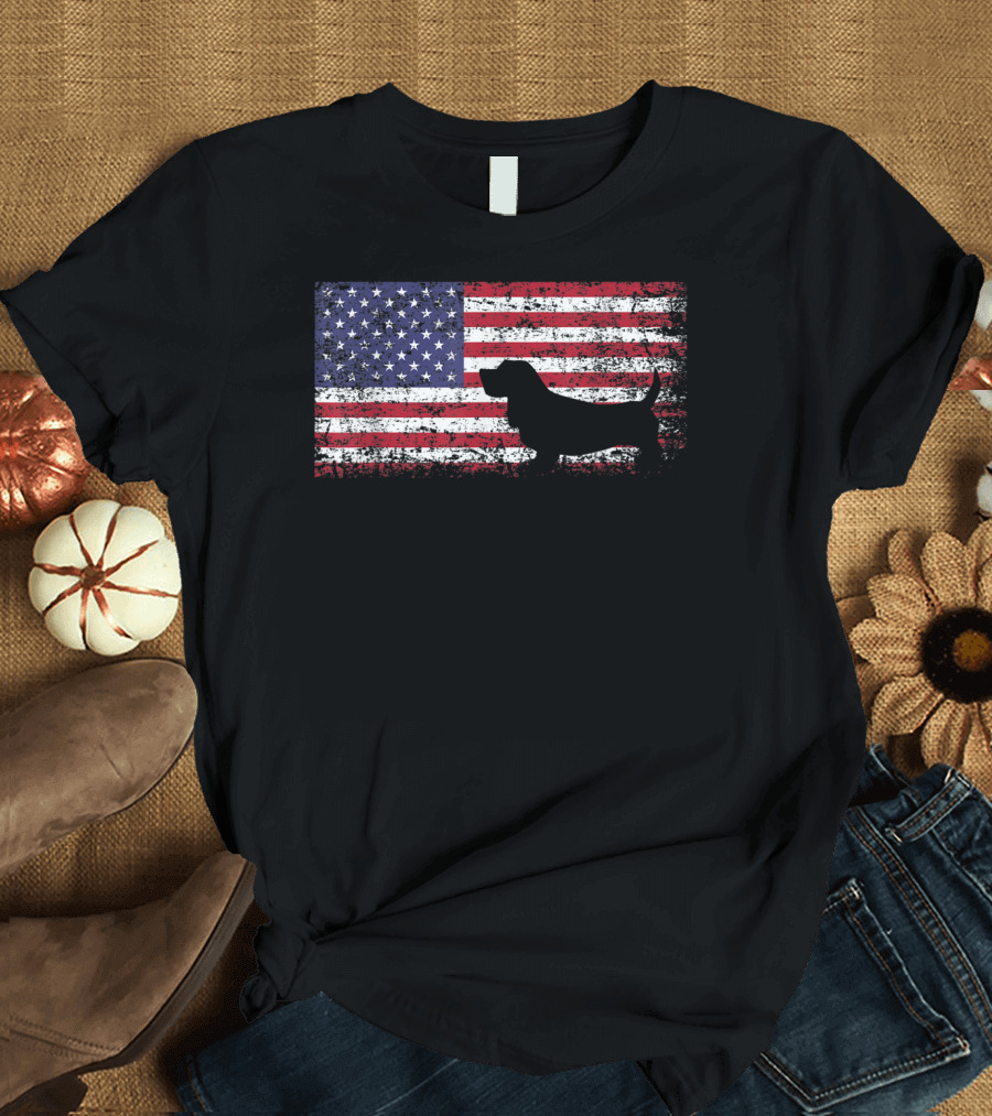 Basset Hound Silhouette American Flag I Love My Basset T-Shirt