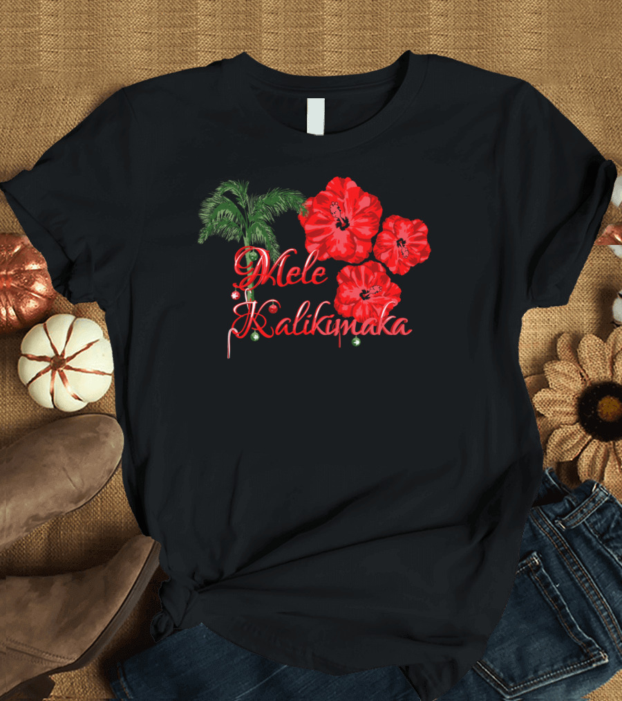 Mele Kalikimaka Red Hibiscus and Palm Holiday Greetings T-Shirt