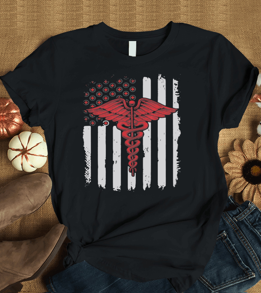 Caduceus Nurse Red Stripes American Flag T-Shirt