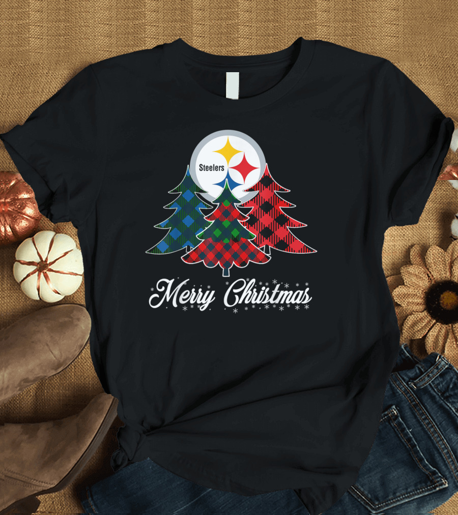 Merry Christmas Pittsburgh Steelers Plaid Trees T-Shirt