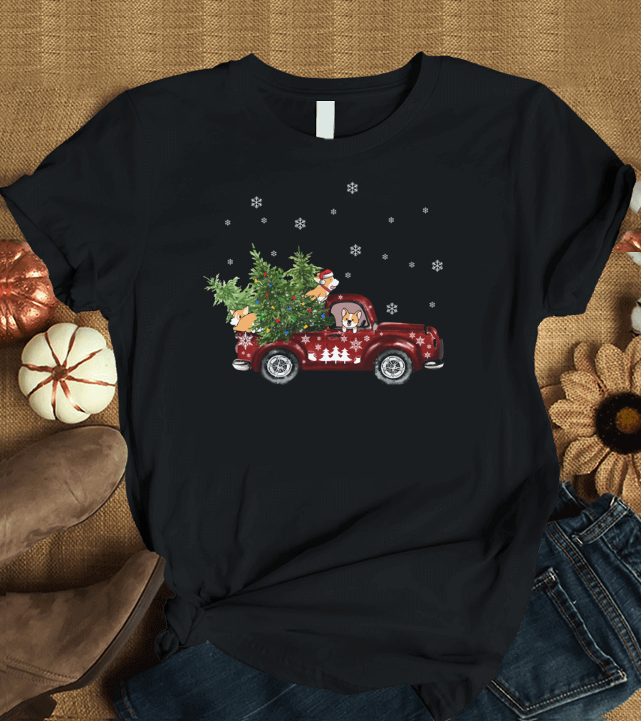 Corgi Christmas Family Truck with Tree and Snowflakes in Pembroke T-Shirt