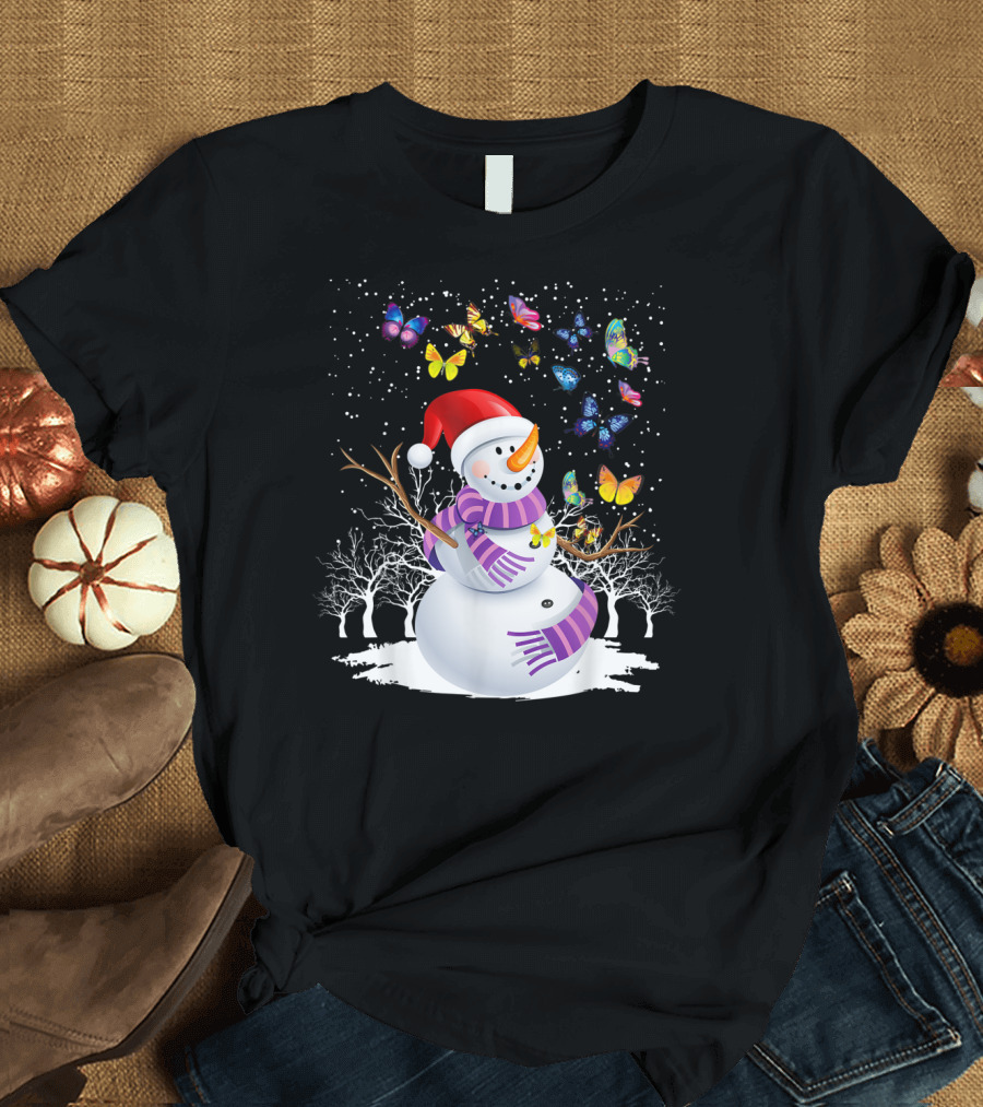 Cute Snowman Butterfly Christmas Winter Scene T-Shirt