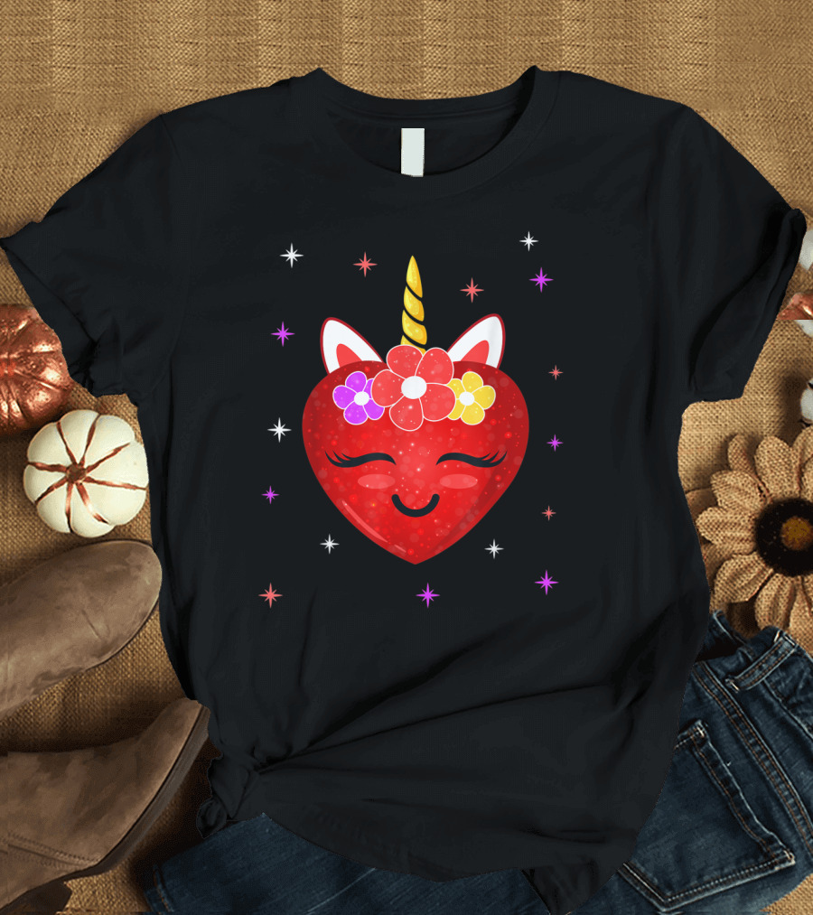 Valentine's Day Cute Unicorn Heart with Flowers Girls T-Shirt