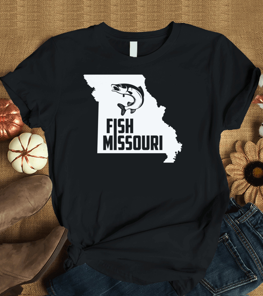 Fish Missouri State Pride Fishing Map with Jumping Fish T-Shirt