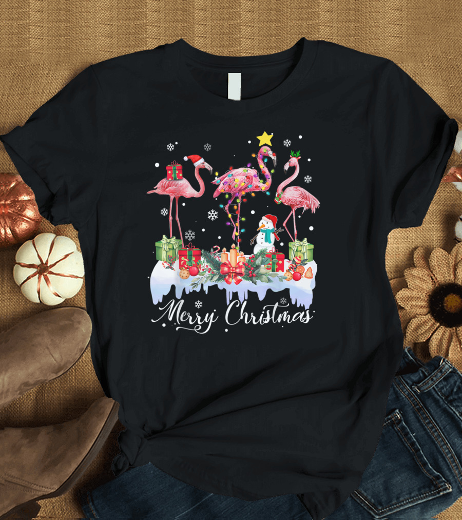 Merry Christmas Flamingo Santa Hat Snowman Holiday Scene T-Shirt