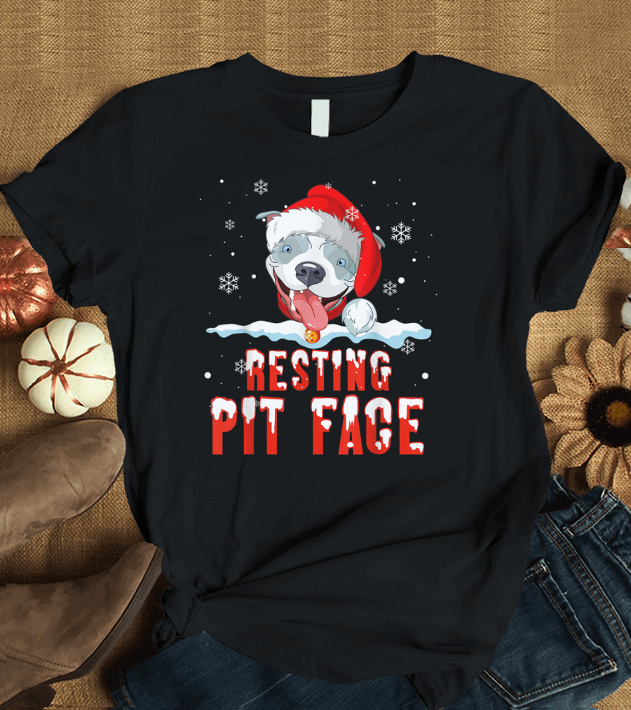 Funny Christmas Dog Pitbull Resting Pit Face Santa Hat Snowflake T-Shirt