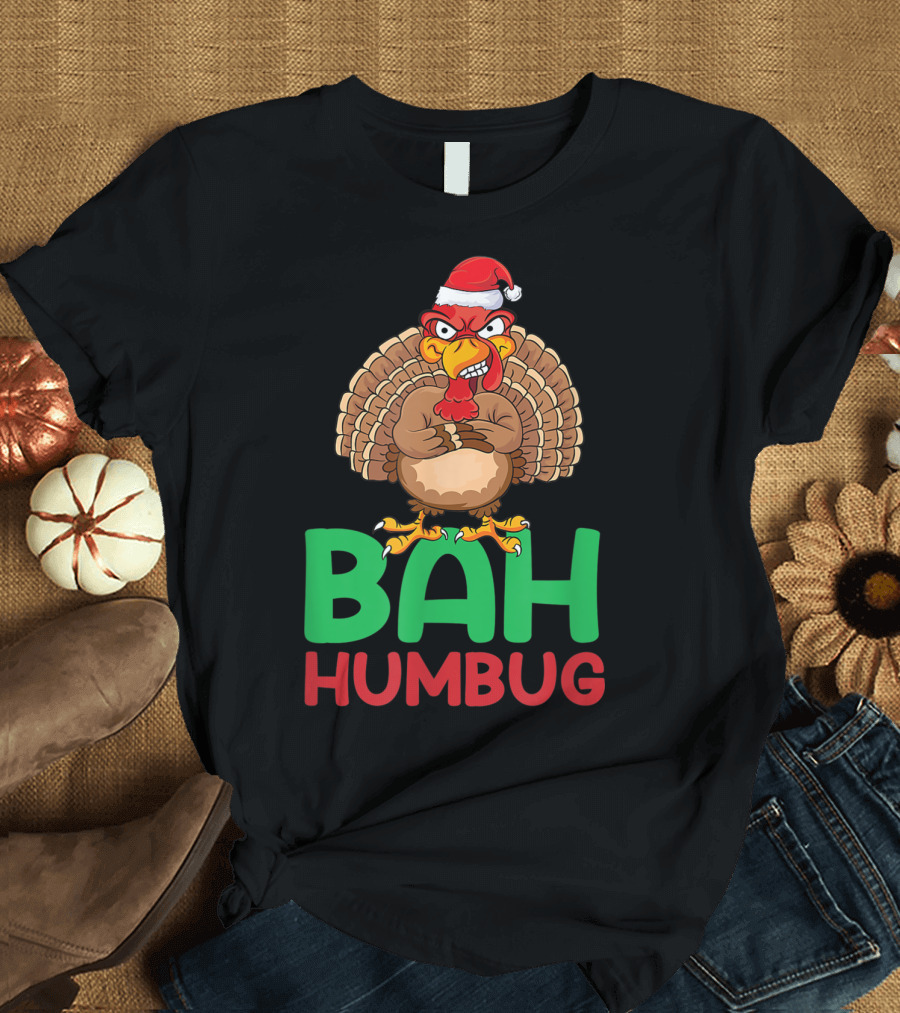 Bah Humbug Christmas Turkey with Santa Hat T-Shirt