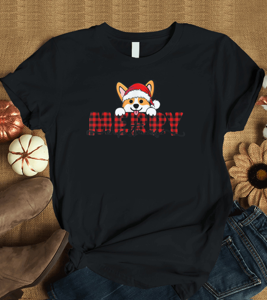 Merry Christmas Corgi Santa Hat Funny Checkered Letters T-Shirt