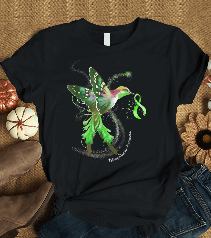 Hummingbird Kidney Disease Awareness Green T-Shirt