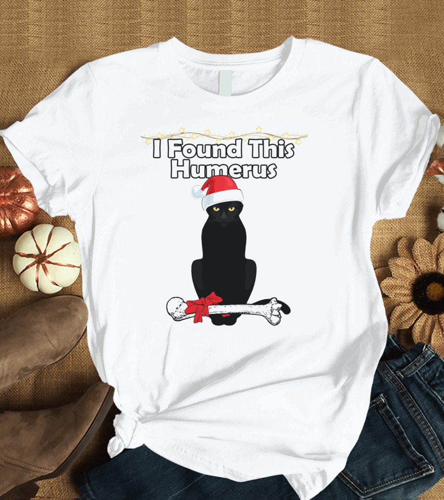 I Found This Humerus Black Cat Santa Hat Christmas Bone Humor T-Shirt