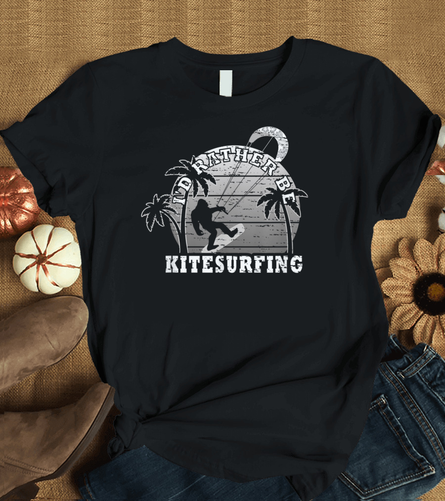 I'd Rather Be Kitesurfing Silhouette with Palm Trees and Kiteboarding Elements T-Shirt