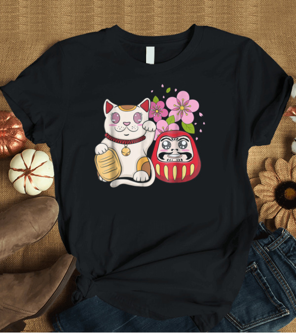 T-Shirt: Japanese Lucky Cat Maneki Neko Daruma Sakura Flowers T-Shirt Japanese Lucky Cat Maneki Neko Daruma Sakura Flowers T-Shirt
