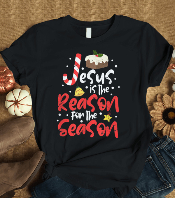 T-Shirt: Jesus Is The Reason For The Season Christian Candy Cane Christmas Pudding Decorated Text T-Shirt Jesus Is The Reason For The Season Christian Candy Cane Christmas Pudding Decorated Text T-Shirt