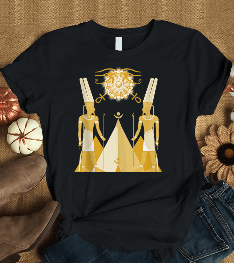 Ancient Egyptian Sun And Air God Amun with Iconic Symbols and Ornate Headdresses T-Shirt