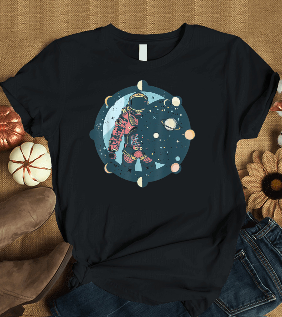 Astronaut Cosmic Journey Phases of the Moon and Stars T-Shirt
