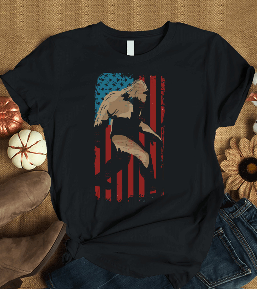 Bigfoot Walking Across American Flag Distressed Look 4th Of July T-Shirt