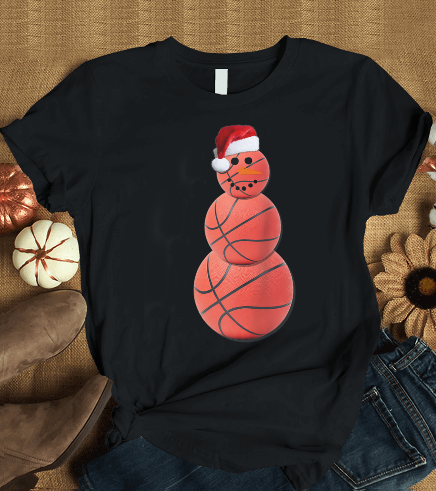 Christmas Basketball Snowman Santa Hat T-Shirt