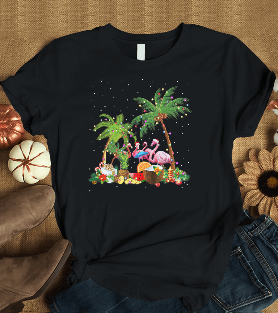 Flamingo Santa Hat Christmas Tropical Palm Trees and Coconut Holiday Scene T-Shirt