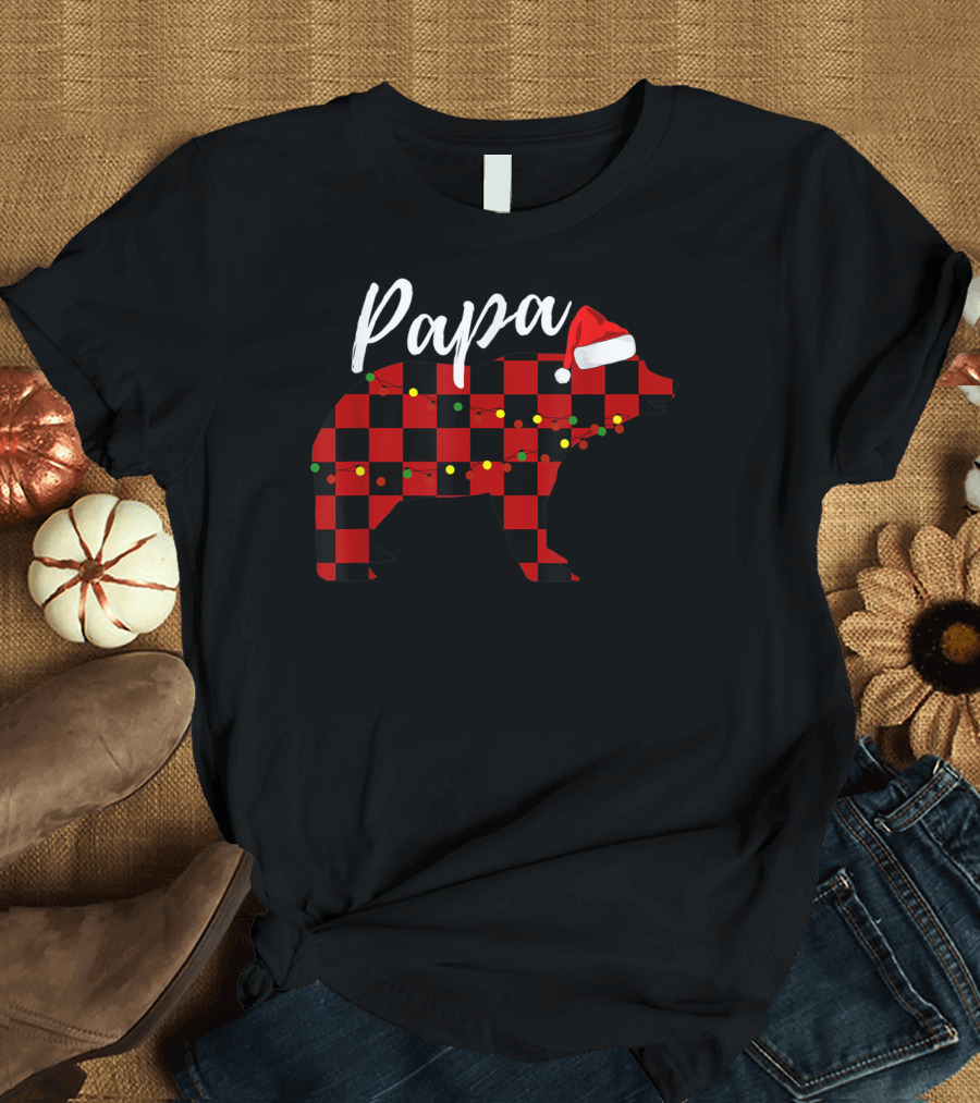 Papa Bear Buffalo Plaid Christmas Lights Santa Hat Father's Day Series T-Shirt