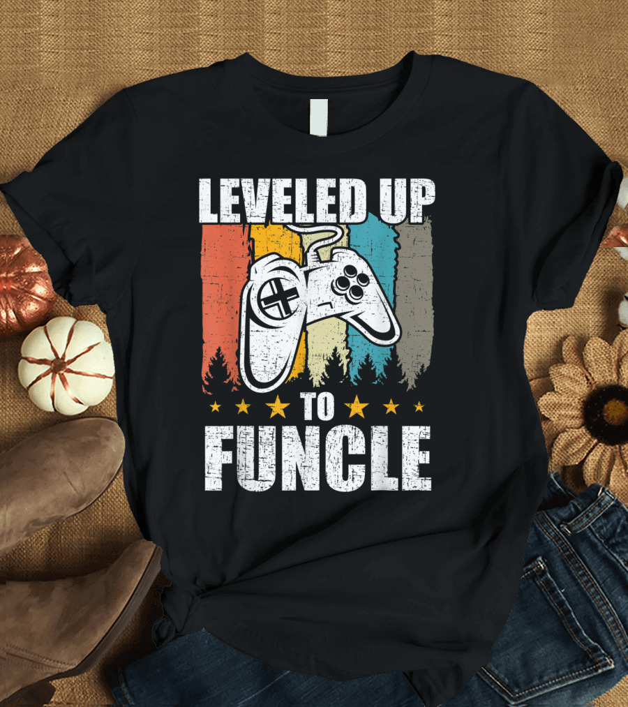 Leveled Up to Funcle Retro Gamer Controller Forest Stripe T-Shirt