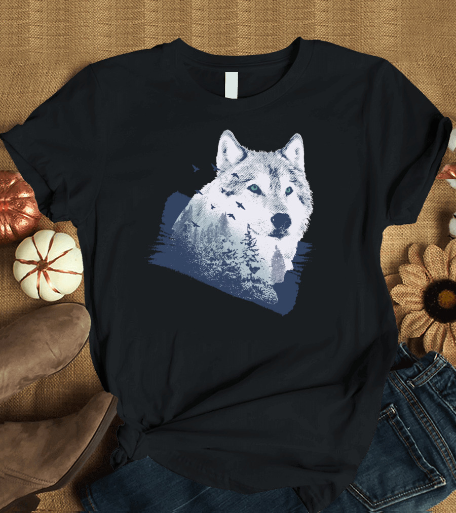 Lone Wolf with Snowy Mountains and Flying Birds T-Shirt