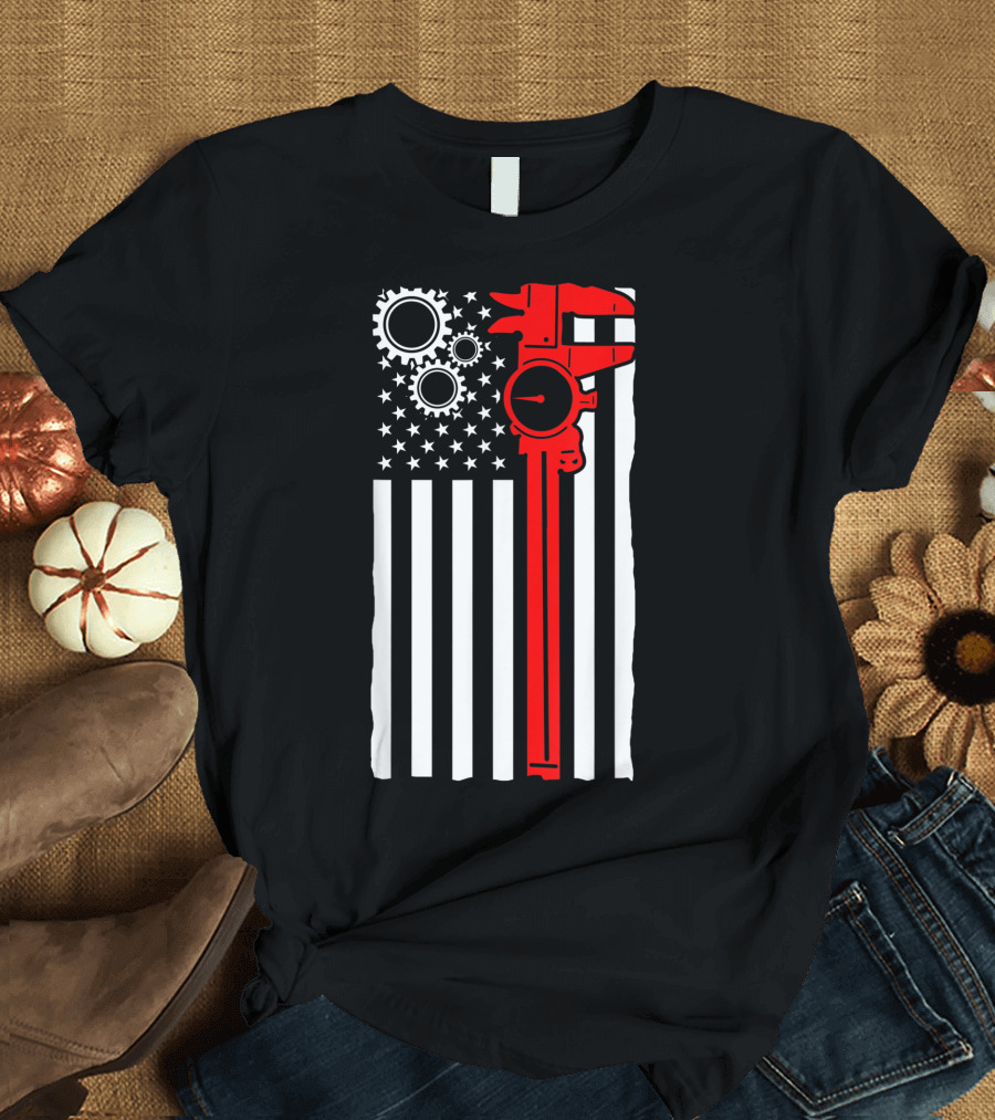 USA Flag Machinist Tools CNC Machine Operator Gears T-Shirt