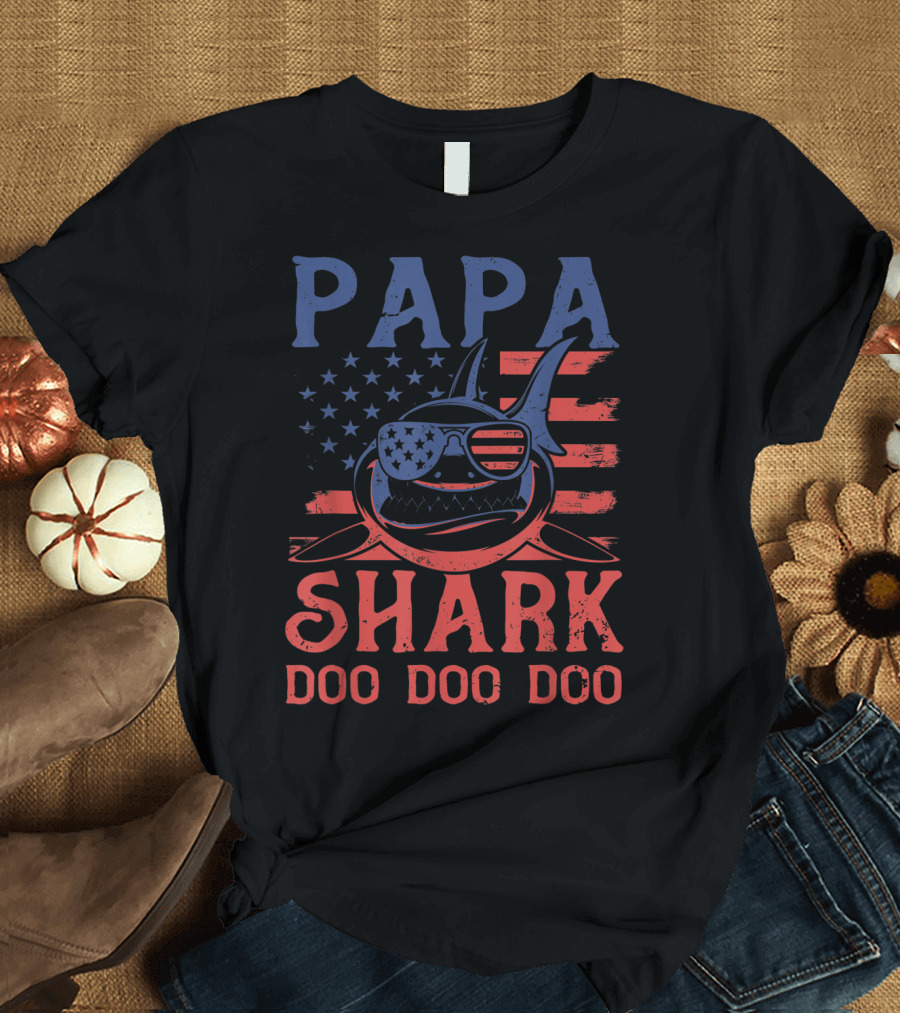 Papa Shark Doo Doo Doo American Flag Sunglasses T-Shirt