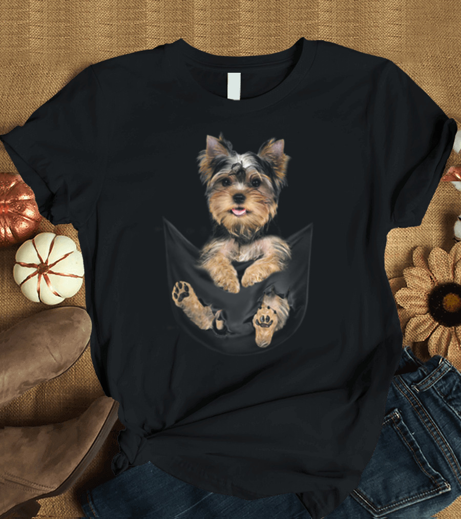 Yorkie Puppy Peeking Out Cute Animals In Pocket T-Shirt