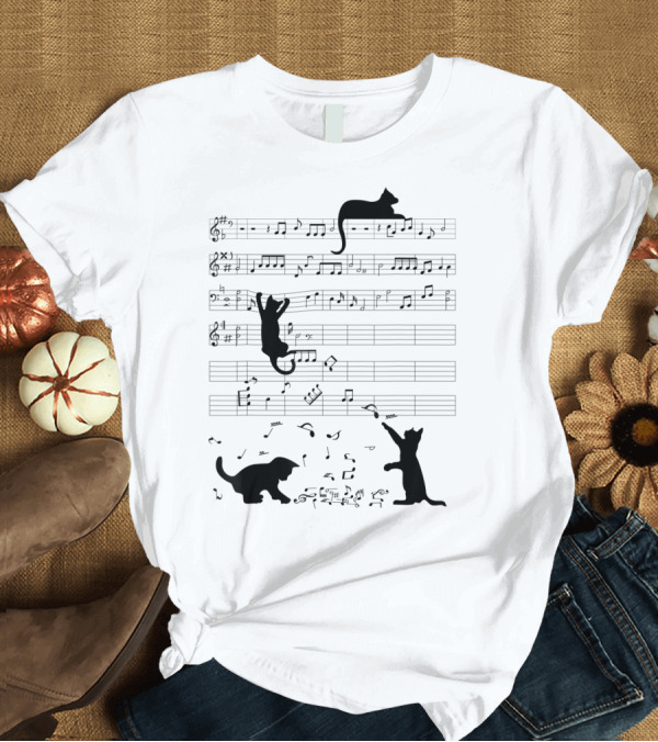 T-Shirt: Cute Cat Kitty Climbing and Sitting with Music Notes and Clef T-Shirt Cute Cat Kitty Climbing and Sitting with Music Notes and Clef T-Shirt