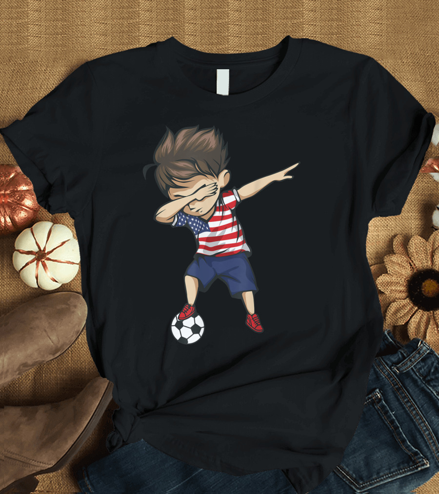 Dabbing Soccer Boy in American Flag Jersey with Soccer Ball T-Shirt