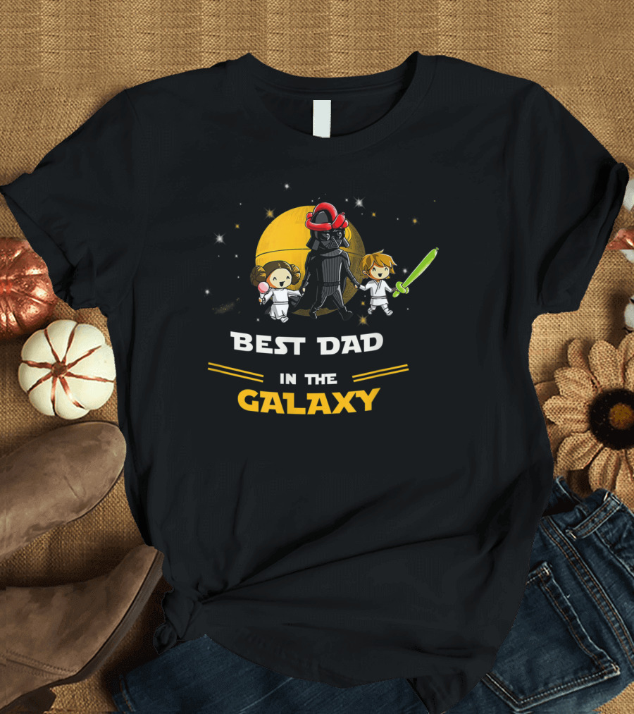 Father Daughter and Son Best Dad in the Galaxy Star Wars Parody with Dark Helmet and Green Lightsaber T-Shirt