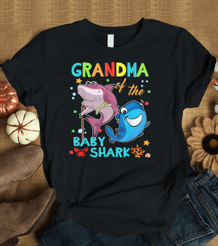 Grandma of the Baby Shark with Colorful Cartoon Sharks and Sea Creatures T-Shirt
