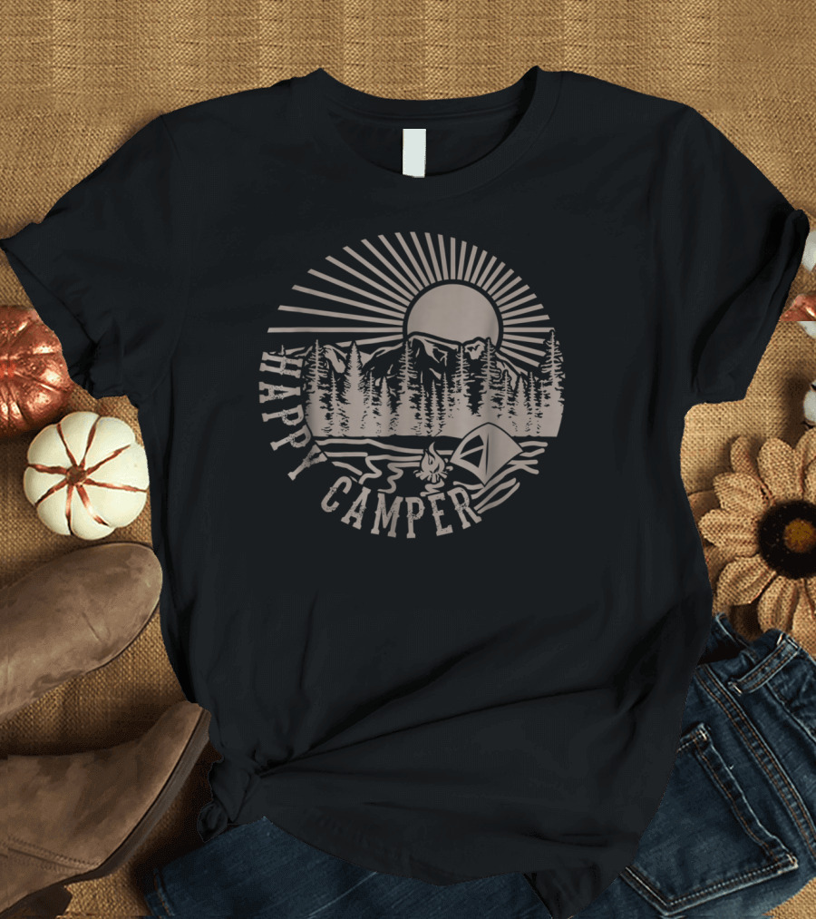 Happy Camper with Tent, Trees, Mountains, and Sunburst T-Shirt