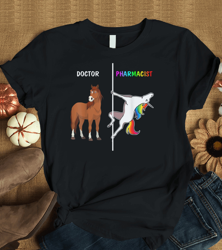 Doctor Horse vs. Pharmacist Unicorn Rainbow Contrast T-Shirt