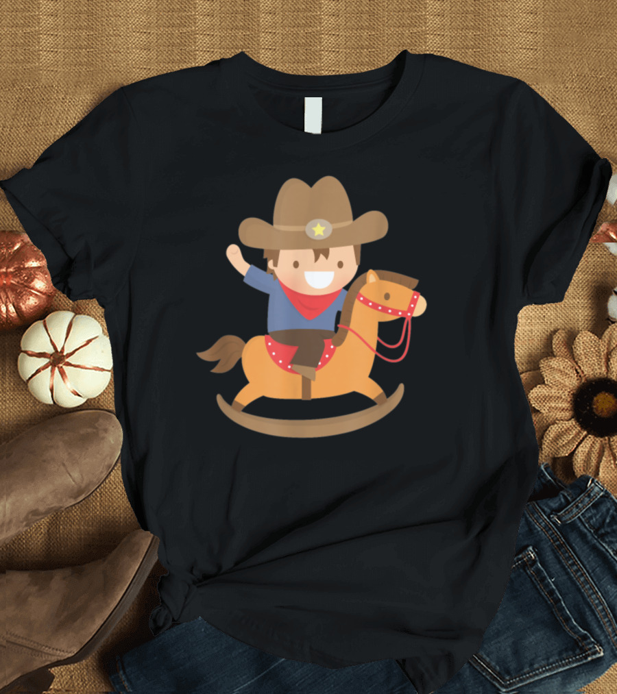 Cute Cowboy Riding Rocking Horse with Hat and Star T-Shirt