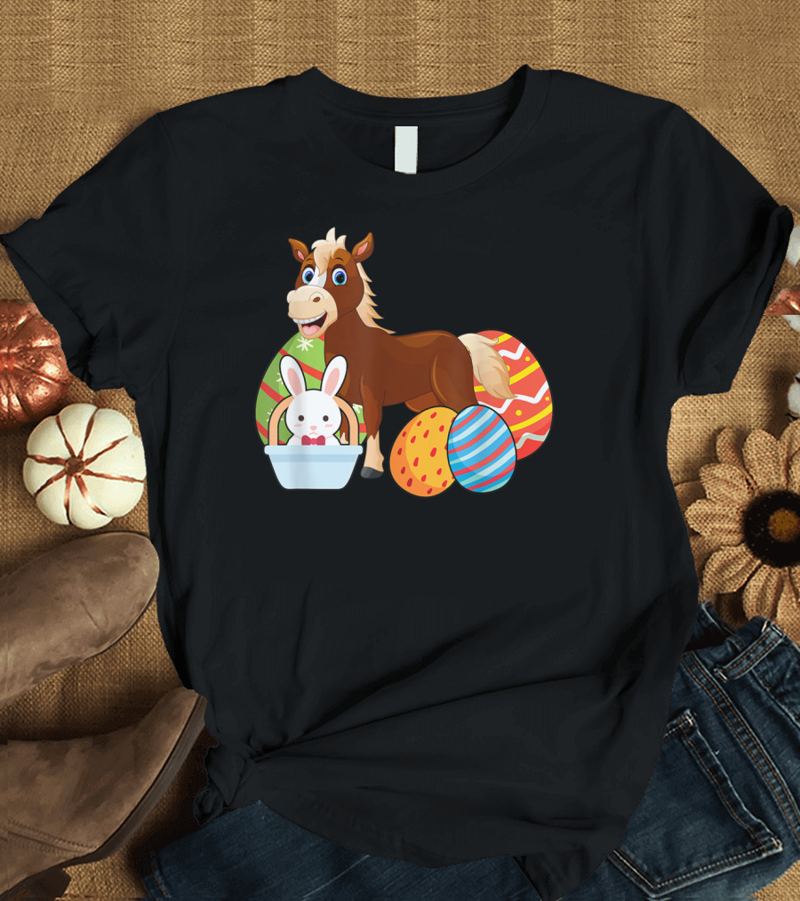 Funny Easter Horse Bunny with Colorful Eggs Happy Easter T-Shirt