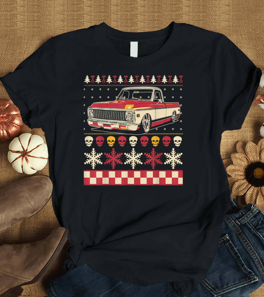 Classic Antique Pickup Truck Vintage Ugly Christmas Skulls Snowflakes T-Shirt