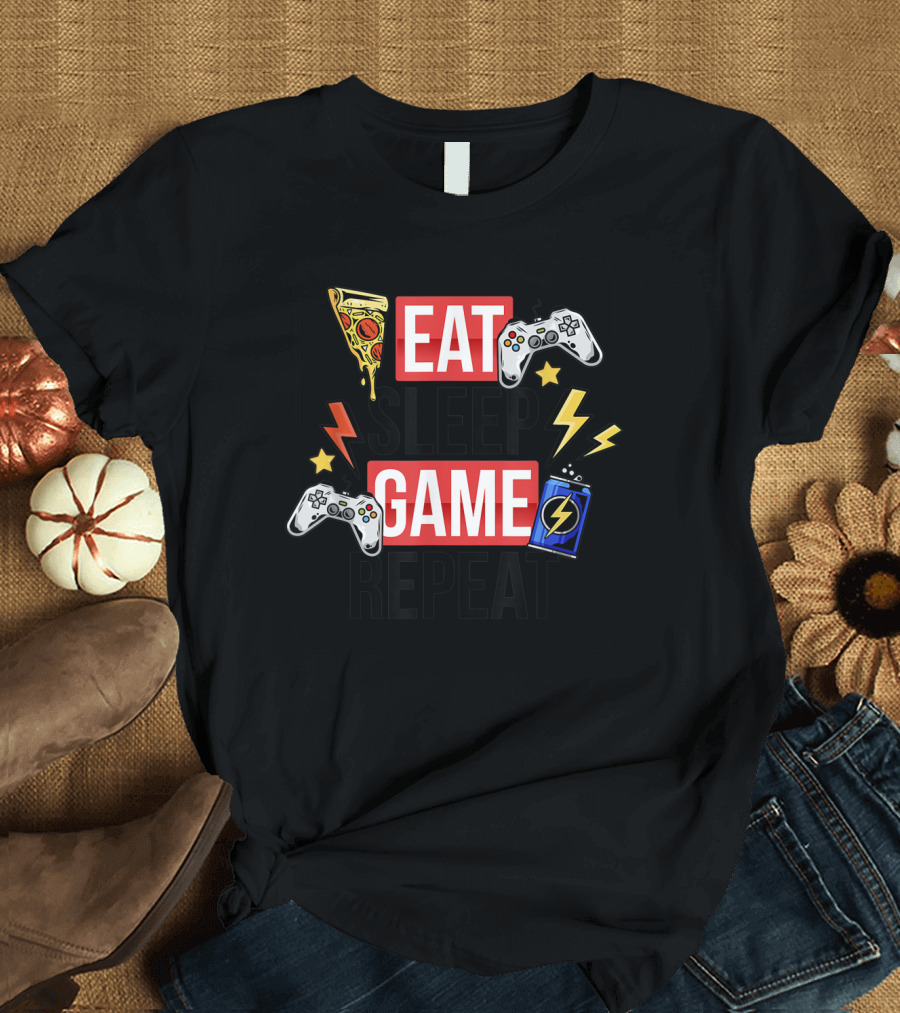 EAT SLEEP GAME REPEAT Pizza Controllers Lightning Energy T-Shirt