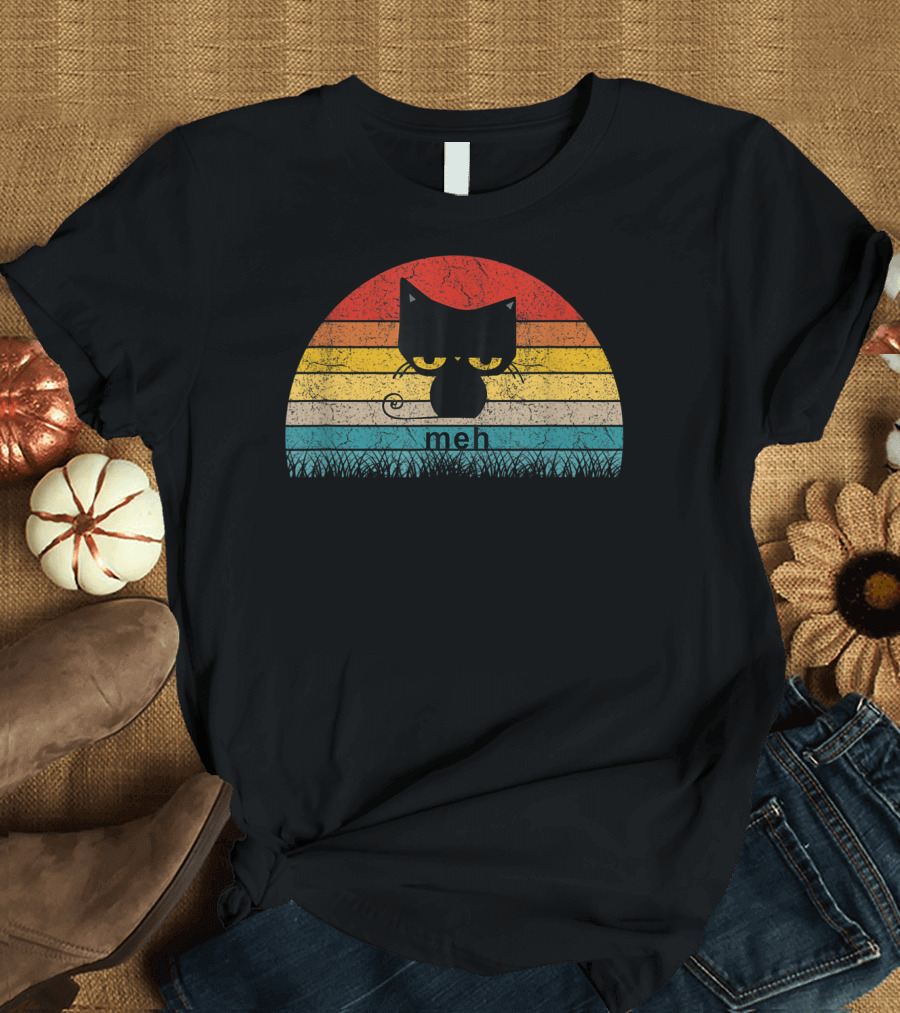 Meh Black Cat Retro Sunset Funny Cat Lovers T-Shirt