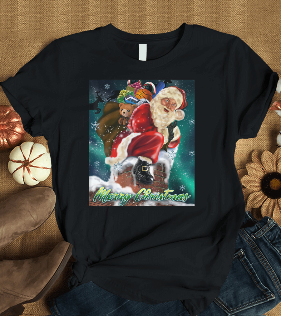 Merry Christmas Santa Claus on Chimney with Toy Sack Holiday Scene T-Shirt