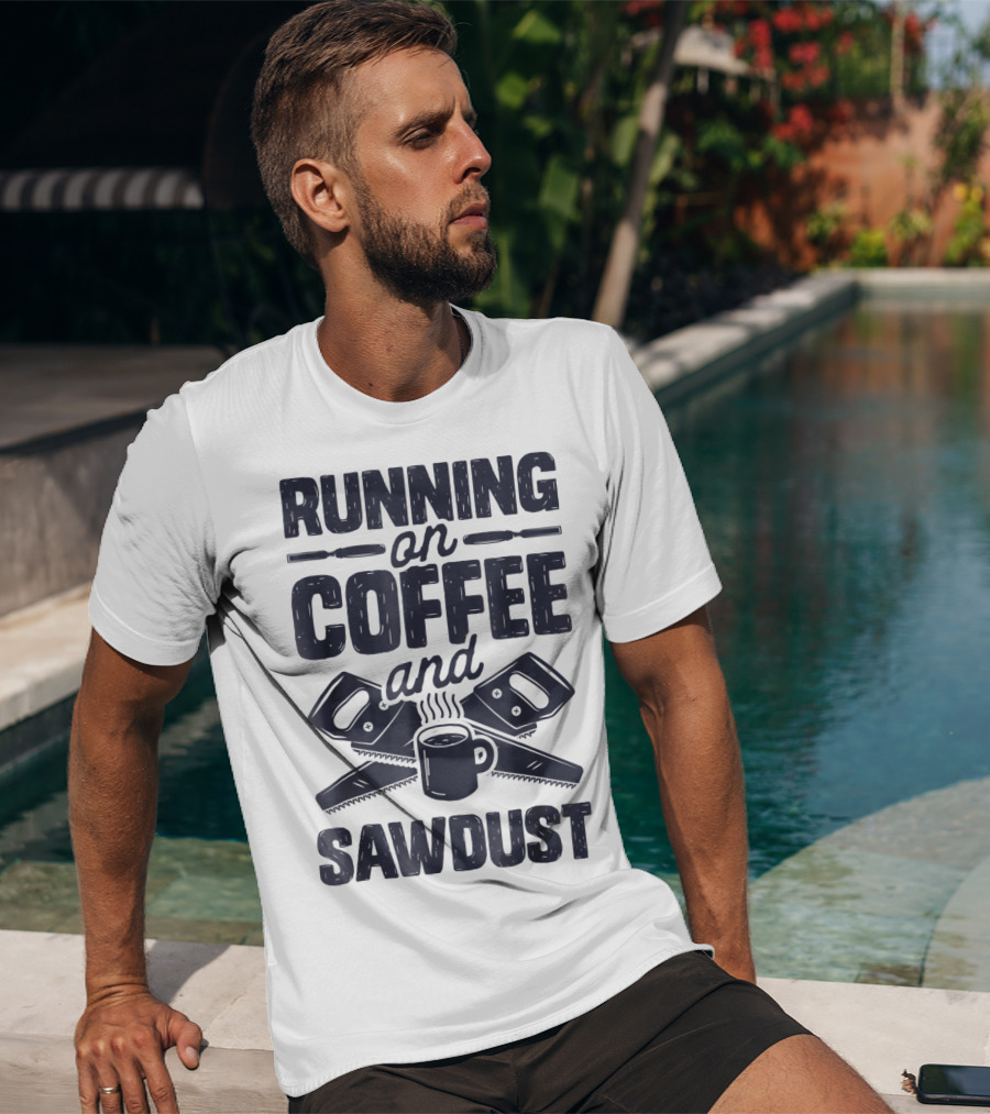 Running On Coffee And Sawdust With Crossed Saws And Coffee Mug T-Shirt