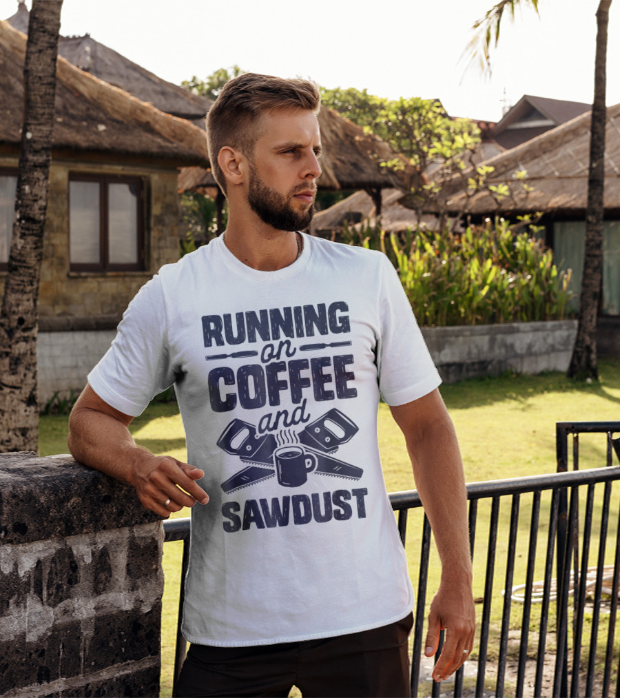 Running On Coffee And Sawdust With Crossed Saws And Coffee Mug T-Shirt