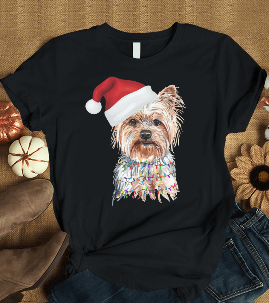 Santa Yorkie Terrier Dog with Christmas Lights Reindeer T-Shirt