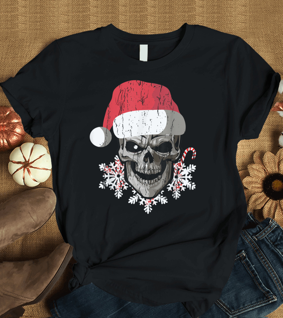 Skull Santa Hat Snowflakes Candy Cane T-Shirt