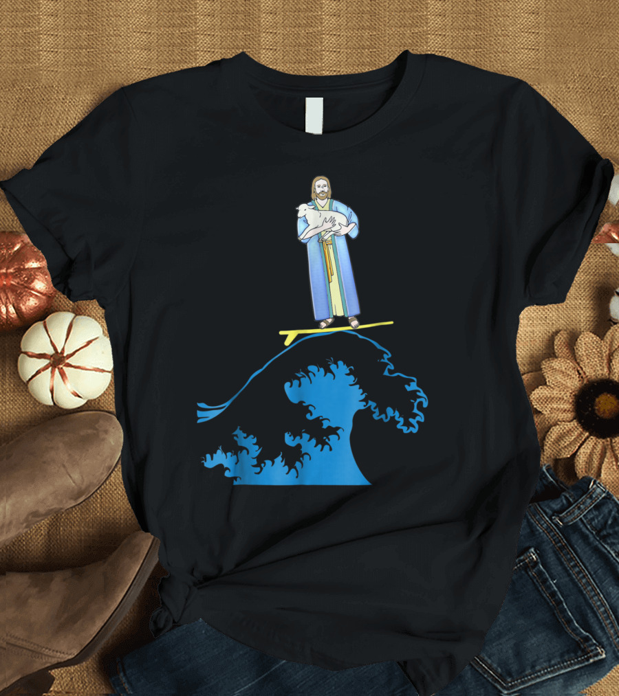 Surfing Jesus Riding the Wave with a Lamb T-Shirt